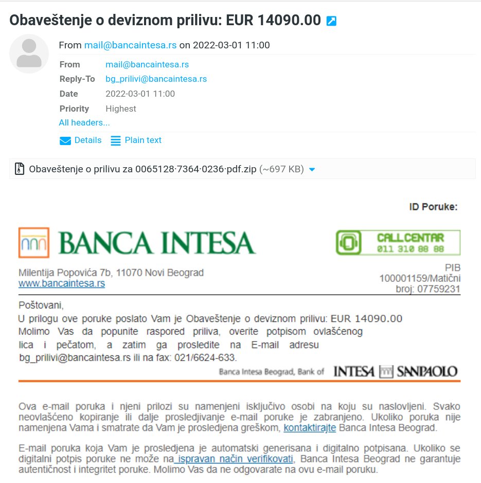 Phishing Prevara Obaveštenje Devizni Priliv Banka Intesa Srbija